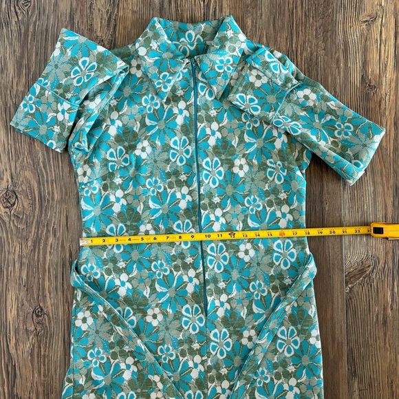 Wynette Midi Belted Shift L/S Dress NO SIZE Vintage 70s Blue Green White Floral - Picture 6 of 15